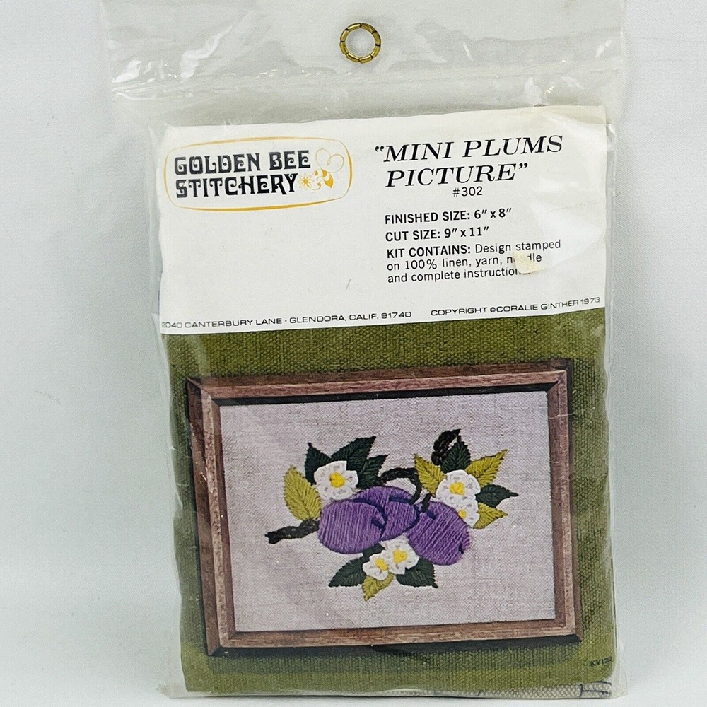 Vintage Golden Bee Stitchery 302‎ Mini Plums Picture Crewel Kit 6x8